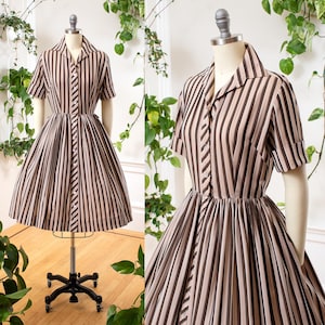 Vintage 1950s Shirt Dress | 50s Two-Tone Cotton Brown Tan Striped Button Down Short Sleeve Fit and Flare Shirtwaist Day Dress | small