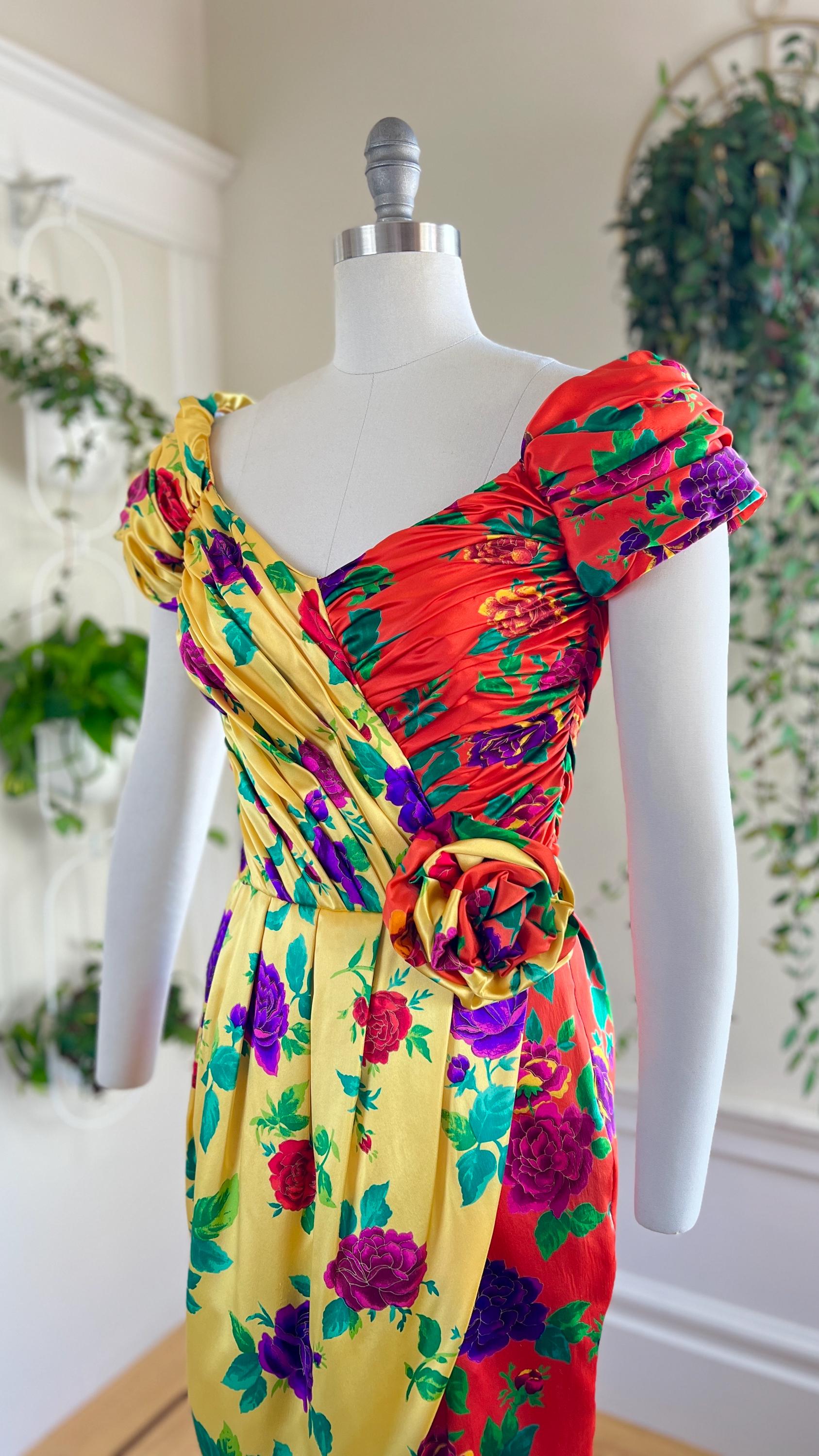 Vintage 1980s Cocktail Dress | 80s Silk Rose Floral Print Ruched