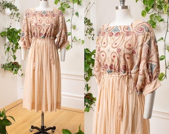 Vestido moderno estilo años 70 / FREE PEOPLE Paisley bordado crema beige algodón transparente manga globo Boho Festival de verano / pequeño/mediano