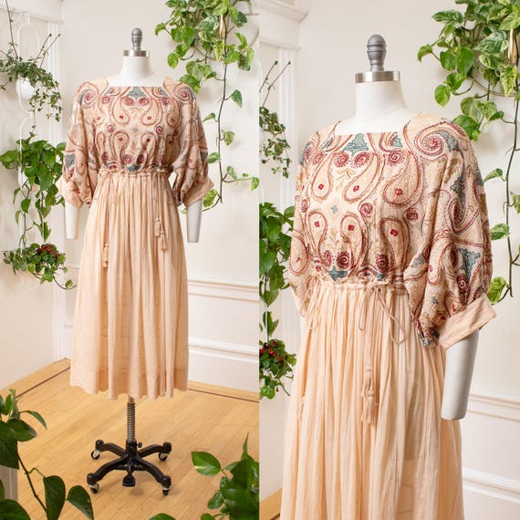 Modern 1970s Style Dress | FREE PEOPLE Paisley Embroidered Cream Beige  Sheer Cotton Balloon Sleeve Boho Summer Festival | Small/medium - Etsy