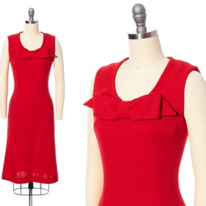 Vintage 1960s Dress 60s Red Wool Jersey Big Bow Wiggle Sheath Knit Sleeveless Holiday Party Bodycon Dress x-small/small image 1