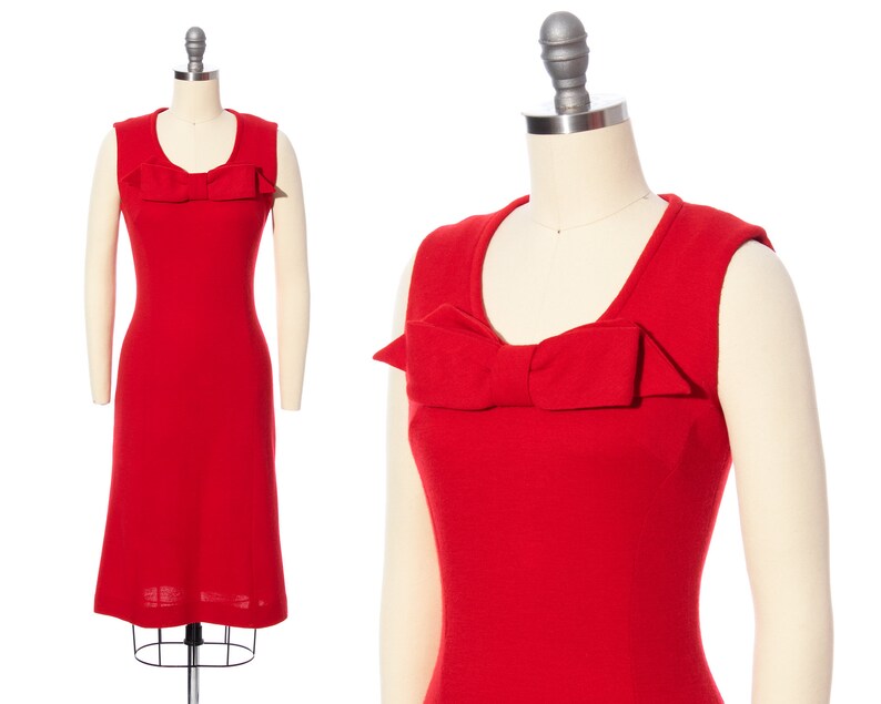 Vintage 1960s Dress 60s Red Wool Jersey Big Bow Wiggle Sheath Knit Sleeveless Holiday Party Bodycon Dress x-small/small image 1