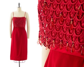 Vintage 1960s Cocktail Dress | 60s Beaded Rhinestone Lace Red Rayon Spaghetti Strap Sheath Wiggle Party Dress (small)