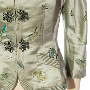 Vintage 1950s Jacket 50s Silk Satin Jacquard Butterfly Bug Novelty Print Tailored Sage Green Holiday Party Blazer x-small/small image 8