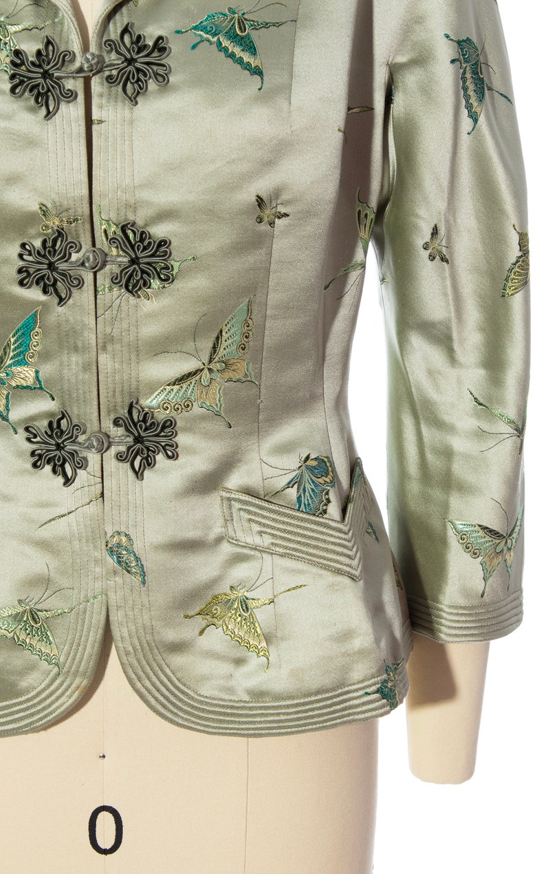 Vintage 1950s Jacket 50s Silk Satin Jacquard Butterfly Bug Novelty Print Tailored Sage Green Holiday Party Blazer x-small/small image 8