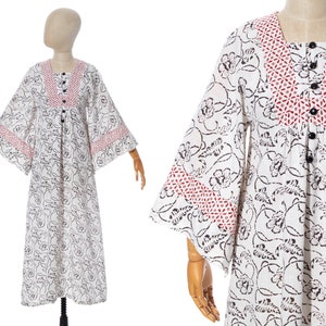 Vintage 1970er Jahre Maxi Kleid | 70er Jahre Floral Block Print Weiß Baumwolle Engel Glockenärmel Boho Kleid (x-small)