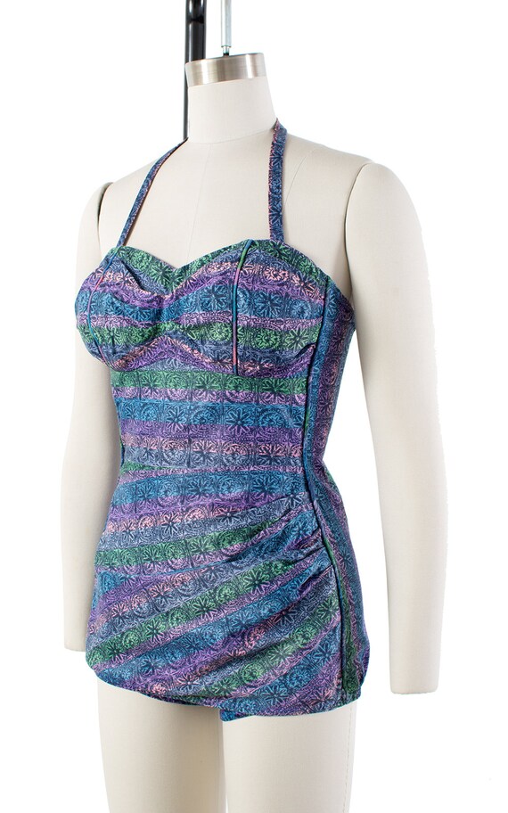 Vintage 1950s Swimsuit | 50s Striped Floral Halte… - image 3