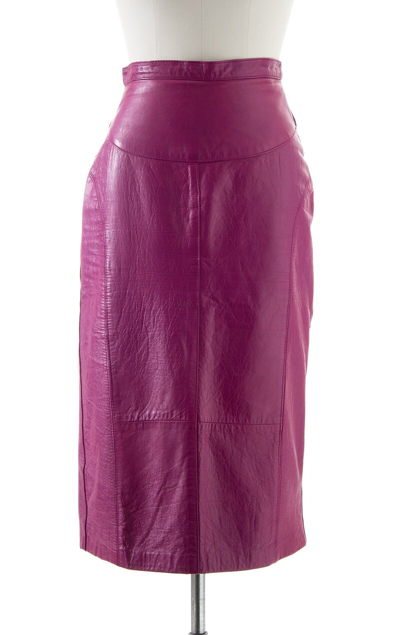 Vintage 1970s Pencil Skirt 70s Purple Leather Buttery Soft High Waisted Midi Wiggle Skirt small image 3