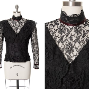Vintage 1980s Blouse | 80s GUNNE SAX Victorian Style Revival Black Lace Witchy High Neckline Sheer Long Sleeve Vamp Goth Top (small)