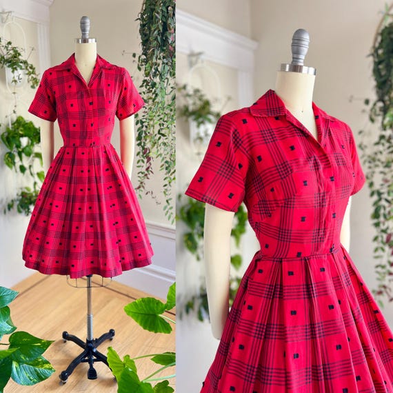Vintage 1950s Shirt Dress | 50s Plaid Tartan Red Cotton Button up Short  Sleeve Fit and Flare Fall Autumn Shirtwaist Day Dress (small) - Etsy Canada