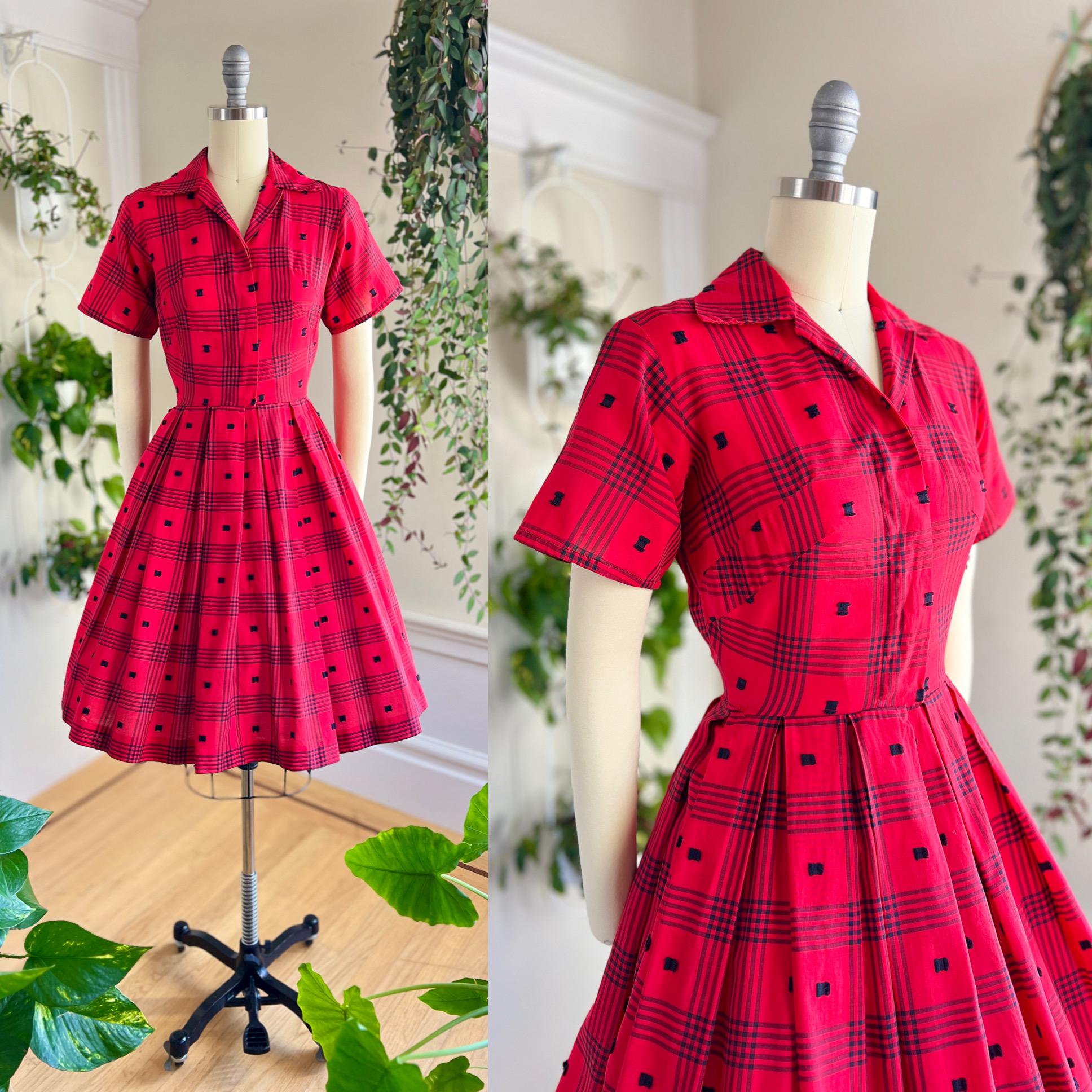 Vintage 1950s Shirt Dress | 50s Plaid Tartan Red Cotton Button Up Short Sleeve Fit and Flare Fall Autumn Shirtwaist Day Dress (small)