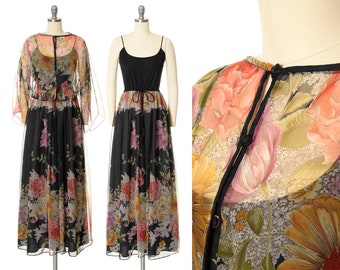 Vintage 1970s Dress Set | 70s Floral Chiffon Black Sleeveless Maxi Boho Dress & Jacket Two Piece Party Outfit (x-small/small)