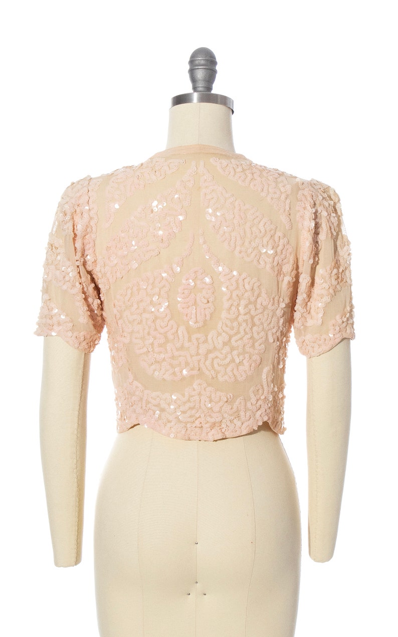 Vintage 1930s Top 30s Sequin Cotton Voile Light Ballet Pink Scalloped Cropped Sheer See Through Art Deco Blouse x-small image 4