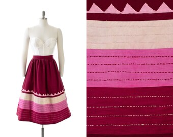 Vintage 1970s Skirt | 70s Hand-Quilted Striped Geometric Appliqué Cotton Burgundy Raspberry Pink Border Print Full Swing Skirt (medium)