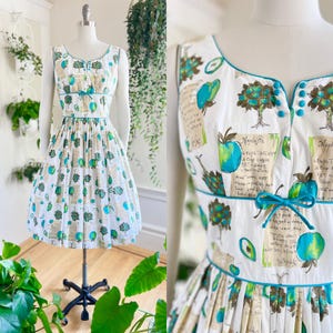 Vintage 1950s Sundress | 50s Novelty Print Apple Pie Recipe Tree Cotton White Blue Green Fit and Flare Full Skirt Day Dress (small)