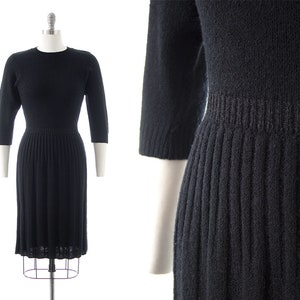 Vintage 1940s 1950s Sweater Dress | 40s 50s Black Knit Wool Three Quarter Sleeve Stretchy Sheath Dress (x-small/small)