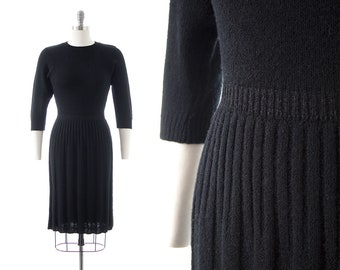 Vintage 1940s 1950s Sweater Dress | 40s 50s Black Knit Wool Three Quarter Sleeve Stretchy Sheath Dress (x-small/small)