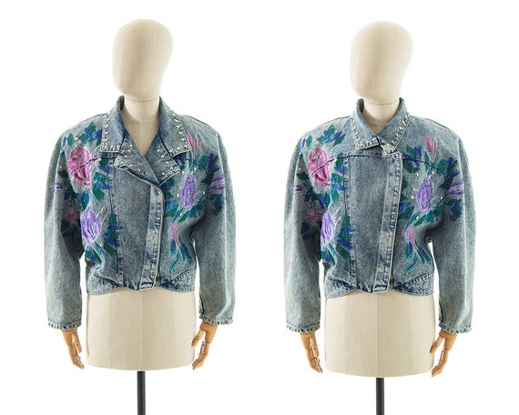 Vintage 1990s Jean Jacket | 90s Hand Painted Rose… - image 4