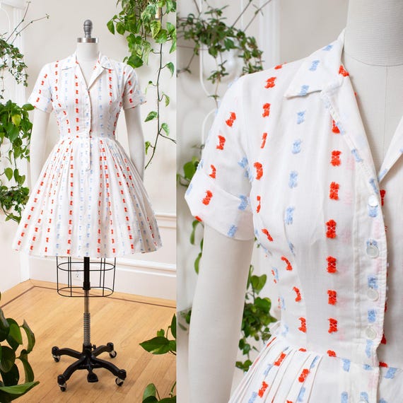 Vintage 1950s Shirt Dress | 50s Fringed Geometric White Cotton Button Down Fit and Flare Swing Shirtwaist Day Dress | small Vintage 1950s Shirt Dress | 50s Fringed Geometric White Cotton Button Down Fit and Flare Swing Shirtwaist Day Dress | small
