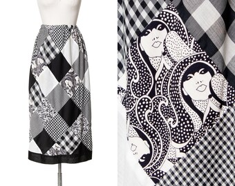Vintage 1970s Skirt | 70s Novelty Print Quilted Lady Faces Op Art Gingham Checkered High Waisted Cotton Black White Skirt (xs-large)