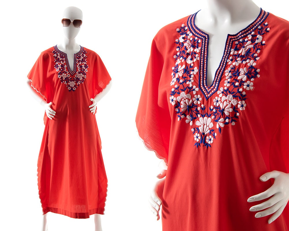 Vintage 1970S Kaftan | 70S Floral Embroidered Red Cotton Full Length Maxi Boho Caftan Dress | x-Small/Small