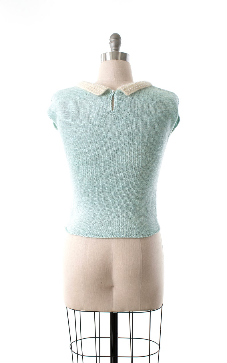 Vintage 1980s Sweater 80s Pearl Beaded Collar Angora Knit Blend Light Blue Fuzzy Cozy Top small/medium image 4