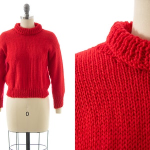 Vintage Sweater | 70s 80s 90s Red Acrylic Knit Turtleneck Cropped Pull Over Sweater (x-small/small/medium)