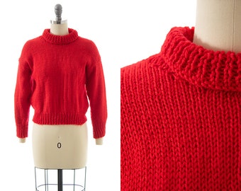 Vintage Sweater | 70s 80s 90s Red Acrylic Knit Turtleneck Cropped Pull Over Sweater (x-small/small/medium)