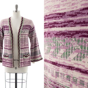 Vintage 1970s Sweater | 70s Space Dye Striped Geometric Knit Wool Acrylic Purple Green Bell Sleeve Boho Cardigan (small/medium)