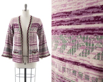 Vintage 1970s Sweater | 70s Space Dye Striped Geometric Knit Wool Acrylic Purple Green Bell Sleeve Boho Cardigan (small/medium)