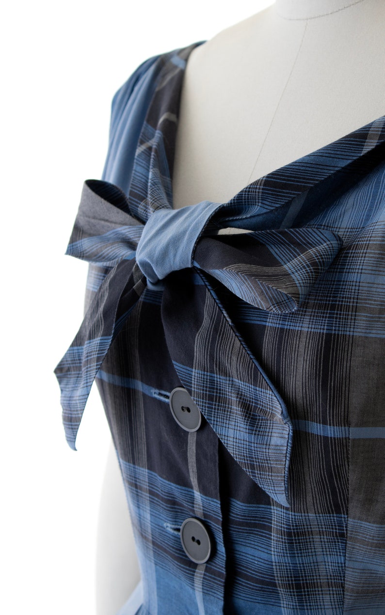 Vintage 1950s Shirt Dress 50s Plaid Tartan Cotton Blue Tie Neck Button Up Fit and Flare Full Skirt Fall Shirtwaist Day Dress small image 7
