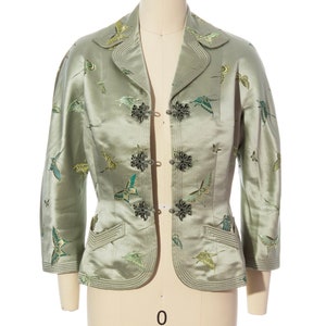 Vintage 1950s Jacket 50s Silk Satin Jacquard Butterfly Bug Novelty Print Tailored Sage Green Holiday Party Blazer x-small/small image 5