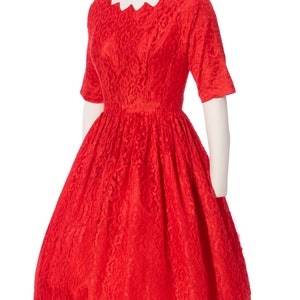 Vintage 1950s Party Dress 50s Red Lace Zig Zag Neckline Fit and Flare Full Skirt Formal Evening Holiday Dress medium image 3