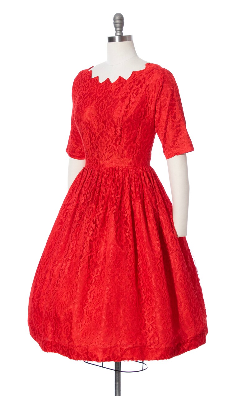 Vintage 1950s Party Dress 50s Red Lace Zig Zag Neckline Fit and Flare Full Skirt Formal Evening Holiday Dress medium image 3