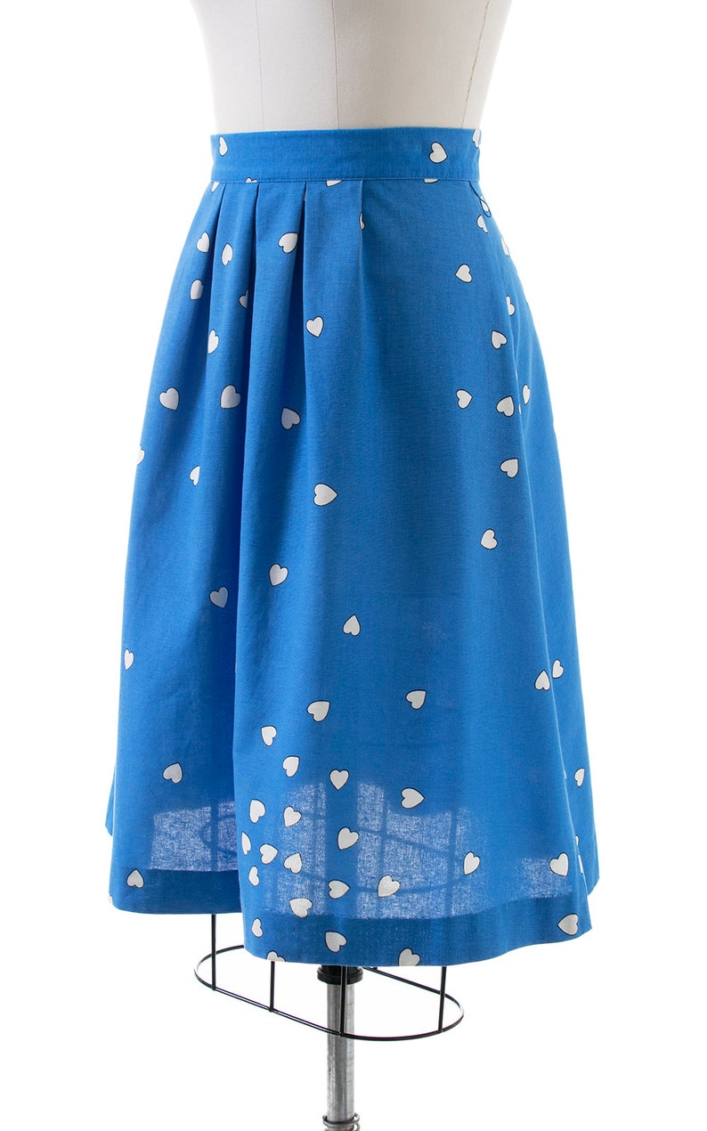 Vintage 1980s Skirt 80s Heart Printed Novelty Print Blue Cotton Pleated Full A-Line Skirt medium image 3