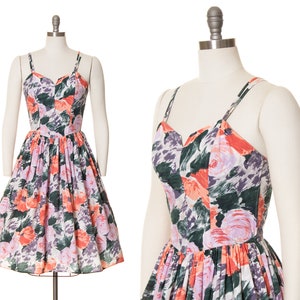 Vintage 1970s Sundress | 70s does 50s Floral Printed Rayon Spaghetti Strap Fit and Flare Pink Orange Green Day Dress (small)