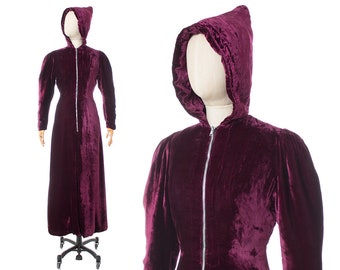 Vintage 1930s Hooded Princess Coat | 30s Purple Silk Velvet Pointed Hood Puff Sleeve Long Evening Jacket (xs/small)