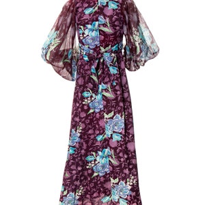 Vintage 1970s Maxi Dress 70s Floral Purple Sheer Bishop Balloon Sleeve Empire Waist Fit and Flare Boho Day Dress x-small image 4