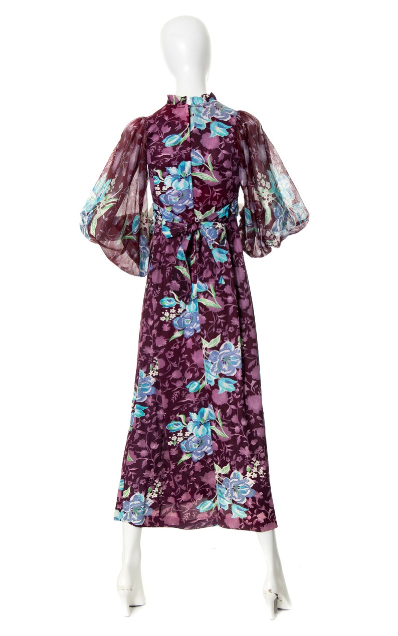 Vintage 1970s Maxi Dress 70s Floral Purple Sheer Bishop Balloon Sleeve Empire Waist Fit and Flare Boho Day Dress x-small image 4