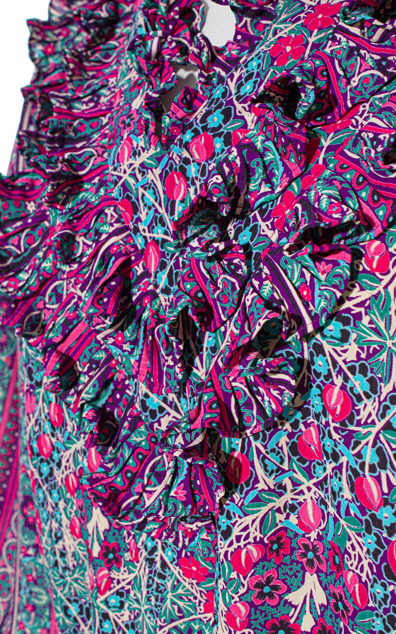 Vintage 1980s Blouse 80s DIANE FREIS Georgette Ruffled Floral Printed Drop Waist Puff Sleeve 1920s Inspired Top medium/large image 6