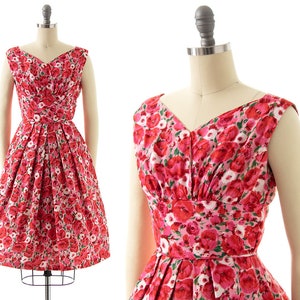 Vintage 1950s Sundress | 50s Rose Floral Printed Cotton Rayon Pink Full Skirt Fit and Flare Bridesmaid Party Dress (x-small)