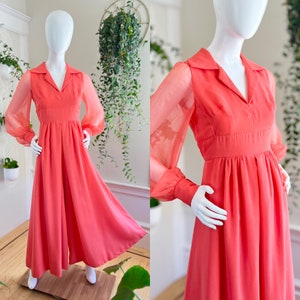 Vintage 1960s 1970s Palazzo Jumpsuit | 60s 70s LILLIE RUBIN Chiffon Coral Salmon Pink Wide Leg Formal Party Jumpsuit (medium)