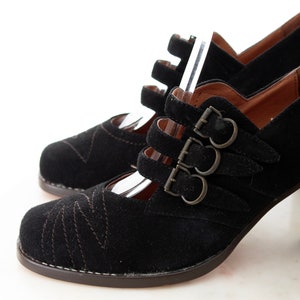 Vintage 1930s Style Shoes Modern RE-MIX Deadstock Unworn Black Suede Top Stitch Buckled Art Deco High Heels size US 5.5 image 7
