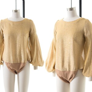 Vintage 1970s Bodysuit | 70s Snap Crotch Bishop Sleeve Blouse Metallic Gold Lurex Sparkly Top (small)