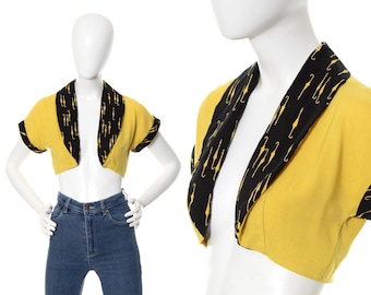 Vintage 1950s Bolero | 50s Umbrella Rain Novelty Print Linen Cotton Yellow Black Color Block Cropped Shrug Jacket Top (x-small/small)