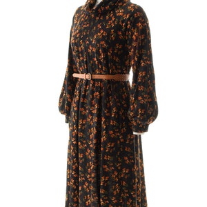Vintage 1970s Trapeze Dress 70s Floral Print Acrylic Jersey Knit Brown Turtleneck Long Sleeve A-Line Sweater Dress x-small/small/medium image 4