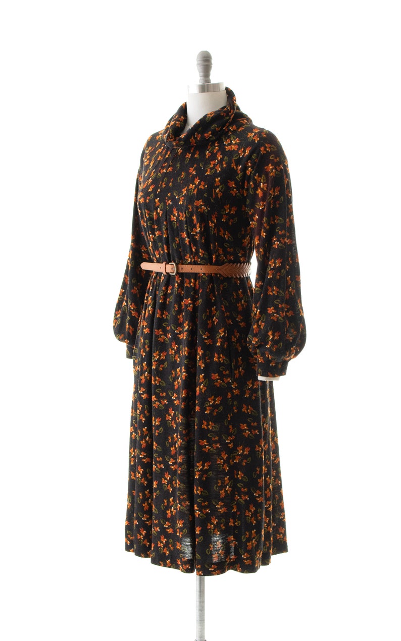 Vintage 1970s Trapeze Dress 70s Floral Print Acrylic Jersey Knit Brown Turtleneck Long Sleeve A-Line Sweater Dress x-small/small/medium image 4