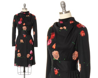 Vintage 1970s Dress | 70s Dark Floral Print Black Jersey Cowl Neck Long Sleeve Sheath Day Dress (x-small/small)