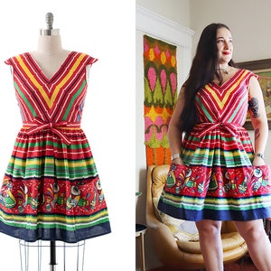 Vintage 1940s Wrap Dress | 40s Mexican Novelty Border Print Striped Cotton Rayon Red Fit and Flare Day Dress with Pockets (medium/large)