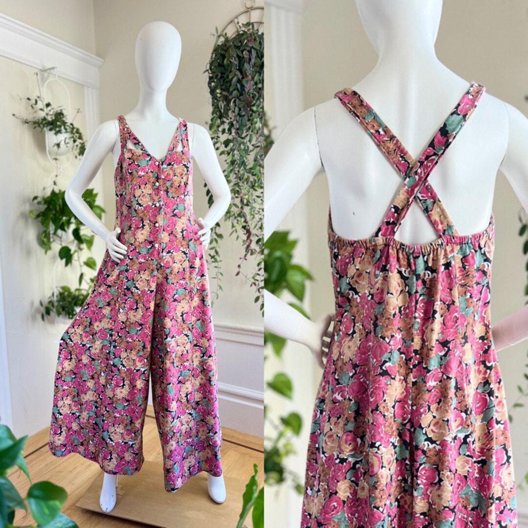 Vintage 1990s Jumpsuit | 90s Floral Print Cotton Strappy Wide Leg